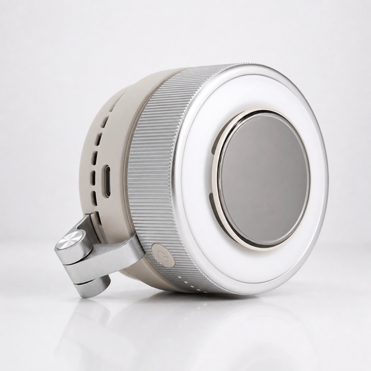 GlowClip magnetic phone fan and ring light accessory in silver white, featuring a compact foldable design for content creators and travel vlogging.