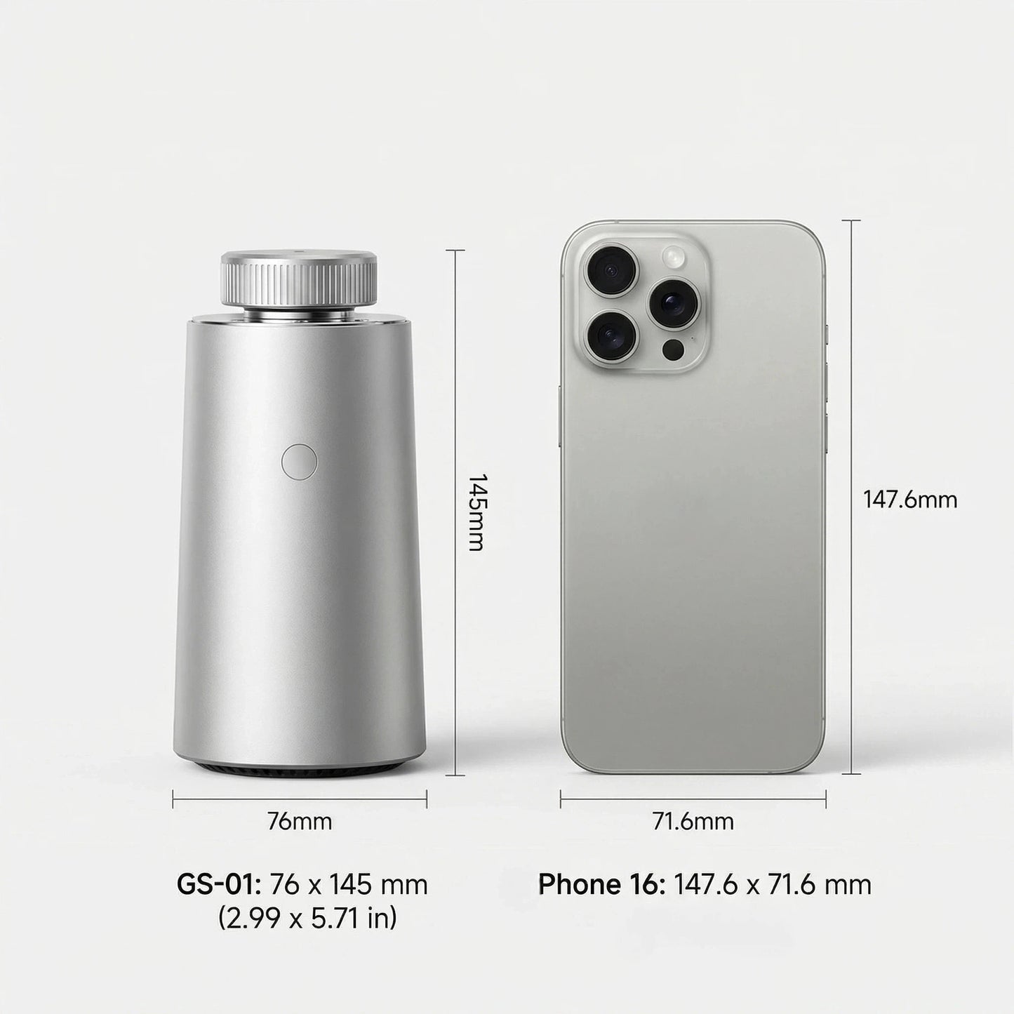 Dimension comparison diagram showing the silver StellTails GS-01 smart car diffuser (76x145mm) next to a smartphone to demonstrate compact cup holder compatibility.