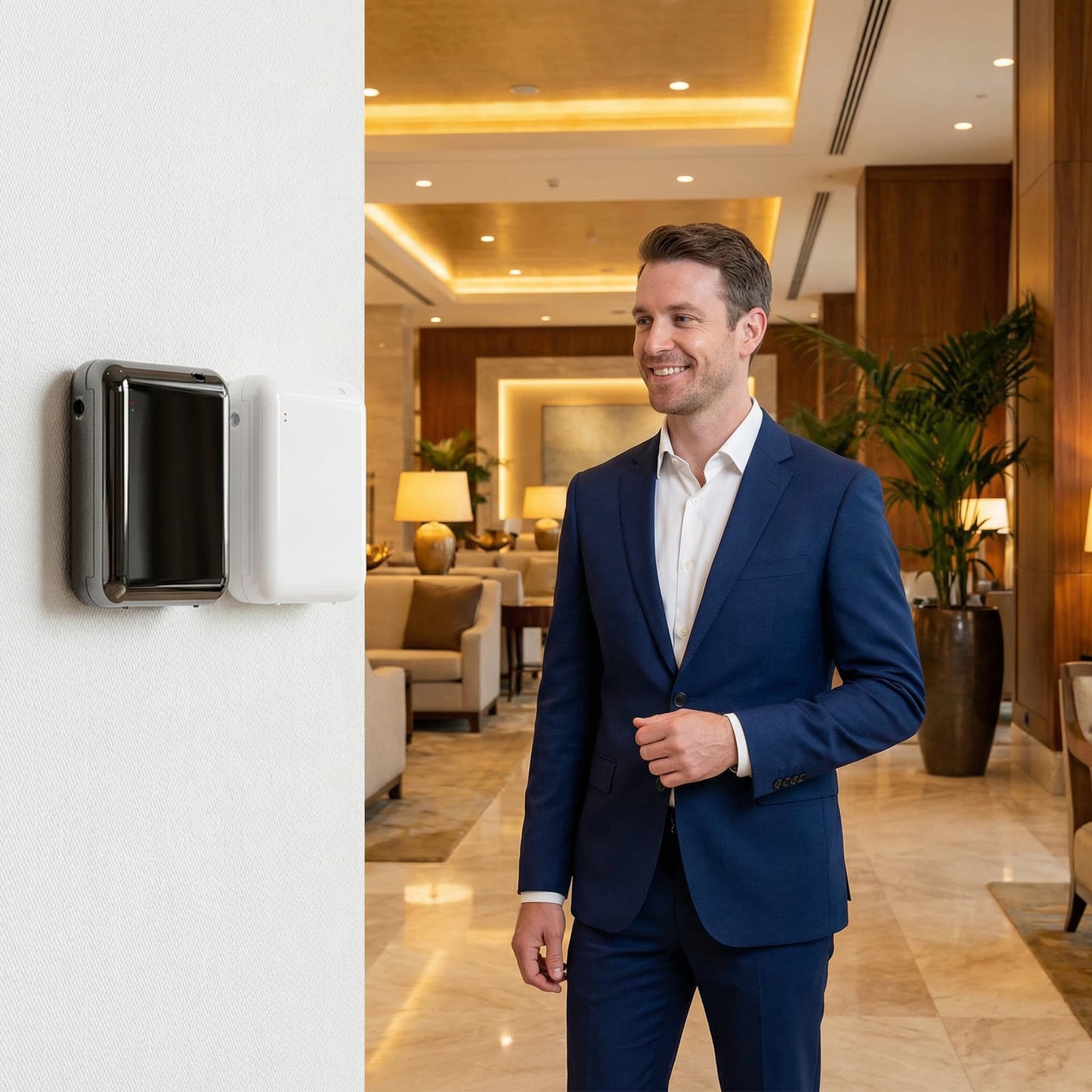 StellTails SL-02 sleek waterless scent diffuser mounted discreetly on a hotel wall, offering a subtle commercial fragrance upgrade without disrupting luxury interior design.