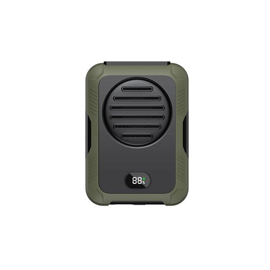 StellTails TurboClip portable waist fan in minimalist dark green gear-like style.