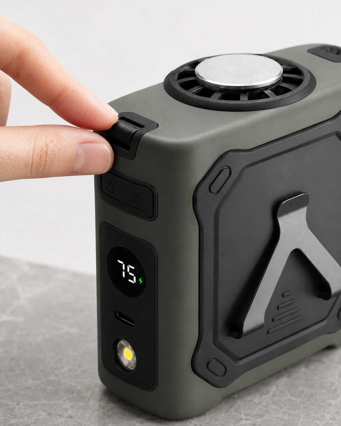 Close-up of the scroll wheel control on a 100-speed wearable cooling waist fan
