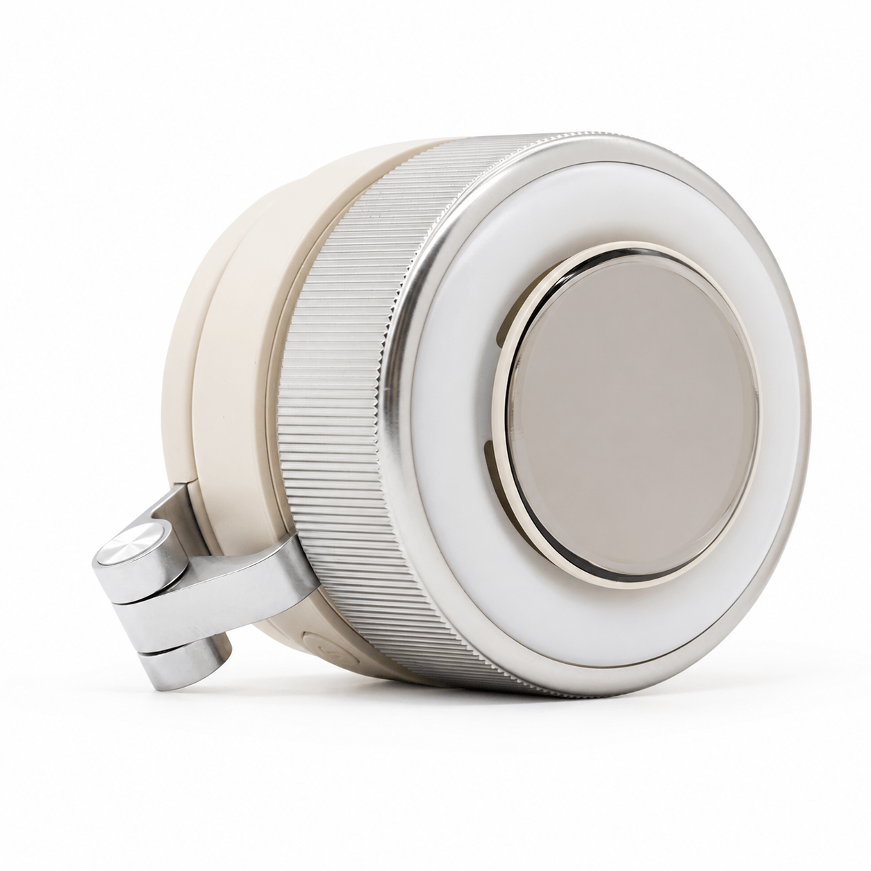 The BreezeClip magnetic wearable bladeless fan in silver white, featuring a compact minimal design with a smart digital LED display for battery status.