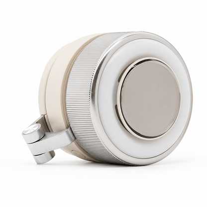 The BreezeClip magnetic wearable bladeless fan in silver white, featuring a compact minimal design with a smart digital LED display for battery status.