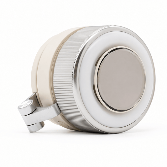 The BreezeClip magnetic wearable bladeless fan in silver white, featuring a compact minimal design with a smart digital LED display for battery status.