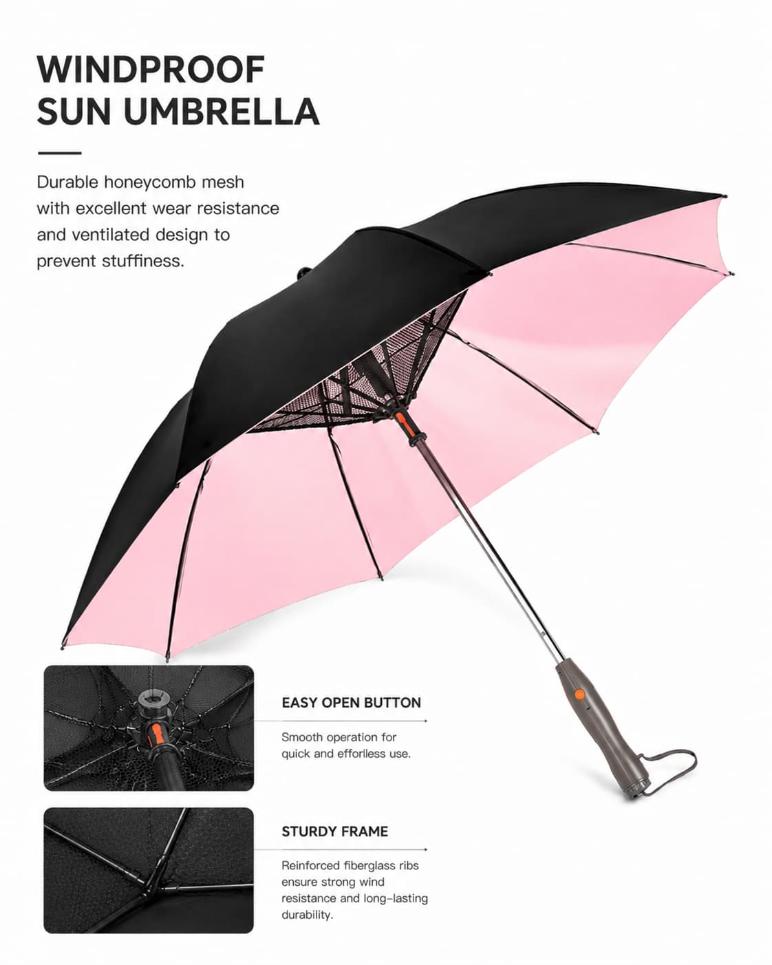 Durable long-handle golf umbrella profile featuring 8 reinforced fiberglass ribs and a thickened steel shaft.