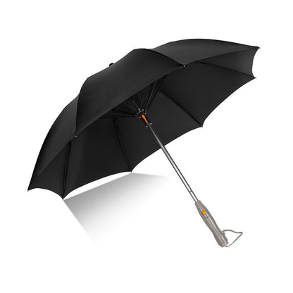 A minimalist cooling mist umbrella with integrated fan and water spray system, lightweight design.