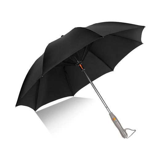 A minimalist cooling mist umbrella with integrated fan and water spray system, lightweight design.
