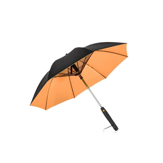 A minimalist cooling mist umbrella with integrated fan and water spray system, lightweight design.