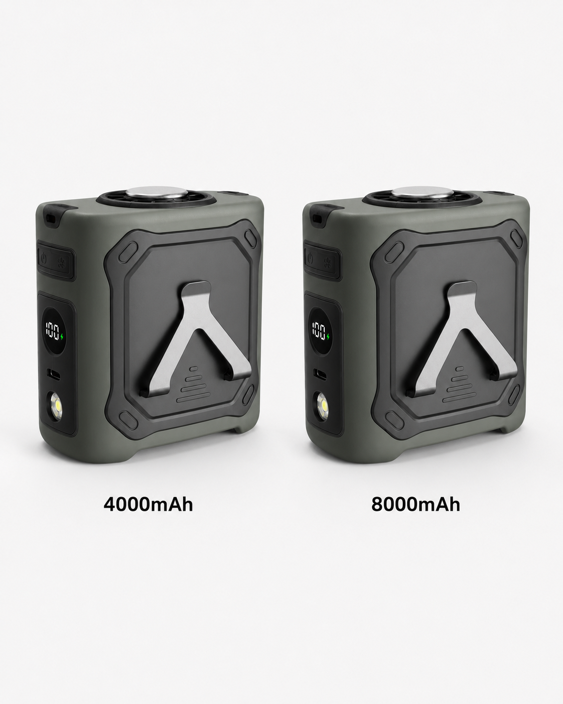 Wearable cooling waist fan shown in 4000mAh and 8000mAh battery capacity options