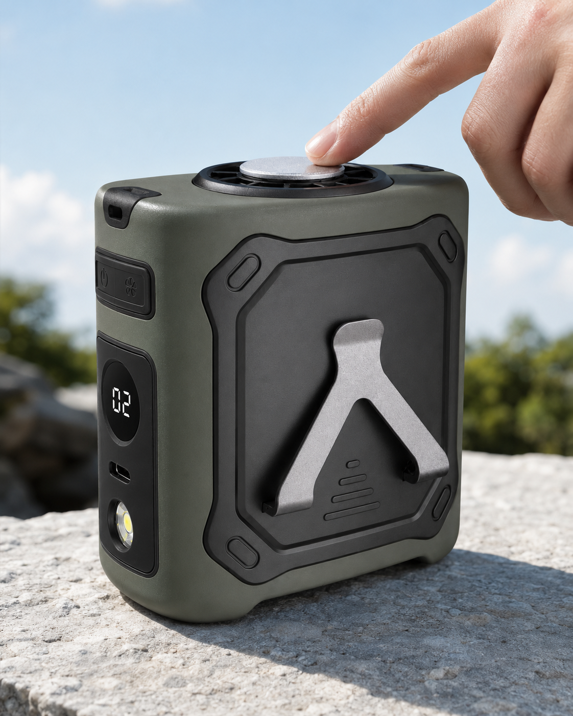 Wearable cooling waist fan with digital speed display, battery indicator and built-in flashlight