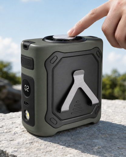 Wearable cooling waist fan with digital speed display, battery indicator and built-in flashlight