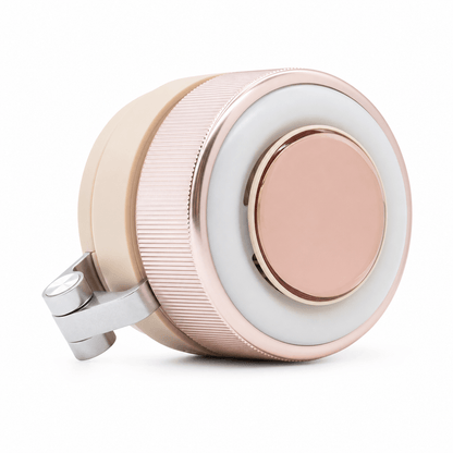 GlowClip magnetic phone fan and ring light accessory in pink featuring a compact foldable design for content creators and travel vlogging.