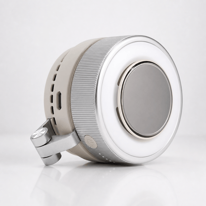 GlowClip magnetic phone fan and ring light accessory in silver white, featuring a compact foldable design for content creators and travel vlogging.