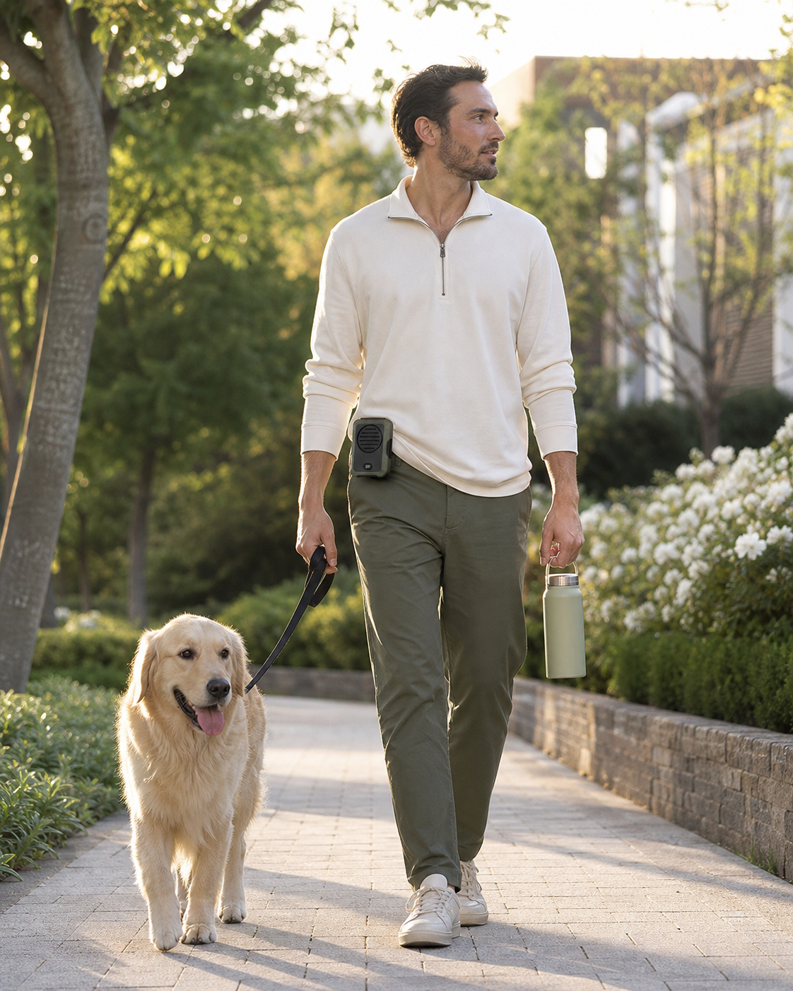 Green hands-free belt fan used for personal cooling while walking a dog outdoors