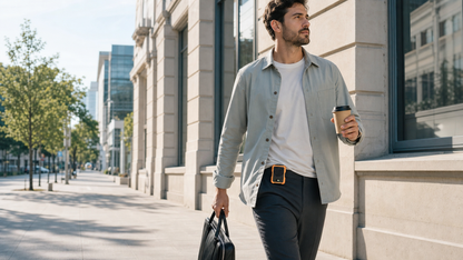 Commuter wearing an orange waist fan for hands-free cooling on a hot summer city walk