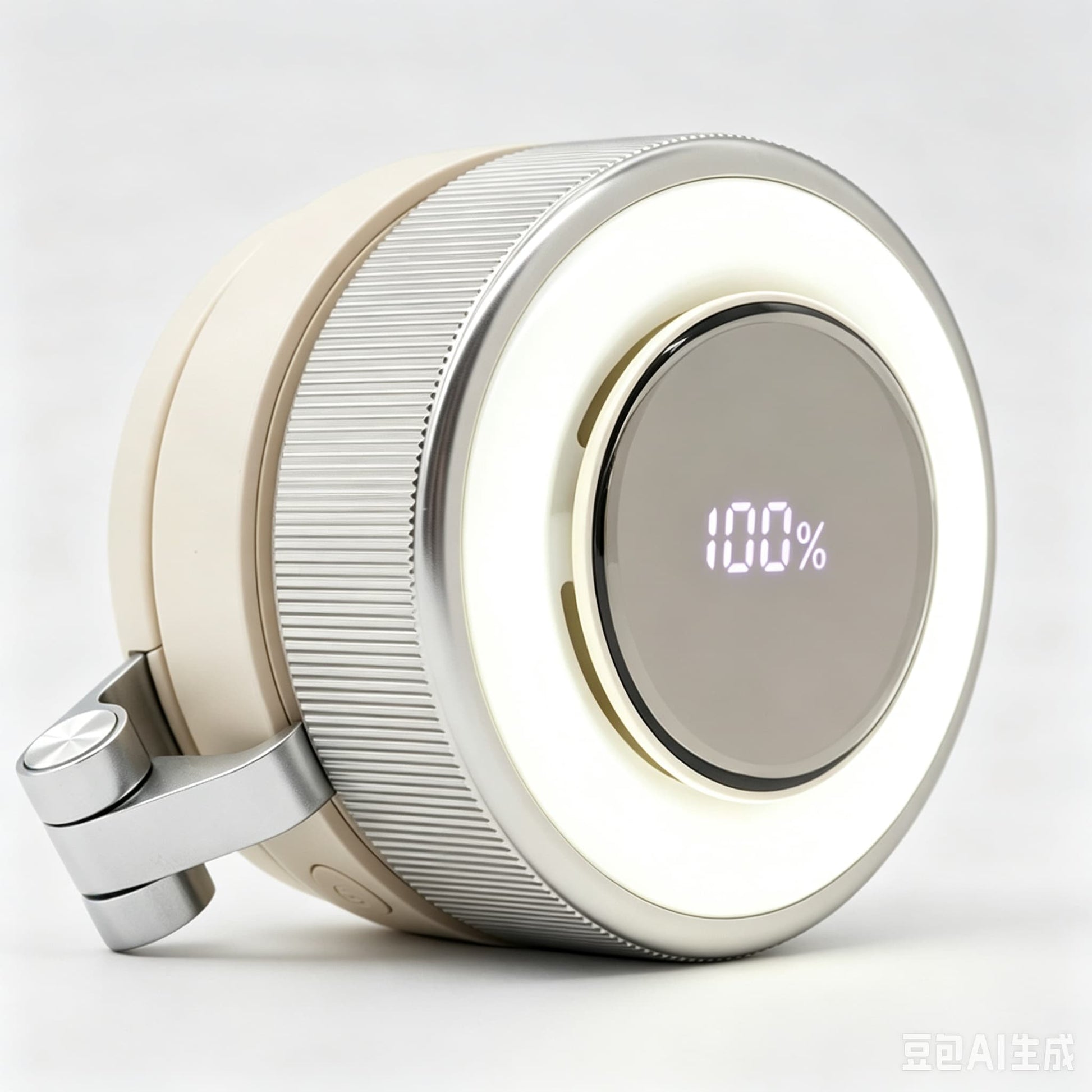 Close-up of the integrated smart digital display showing 100% battery and active warm LED ring light on a portable bladeless fan.