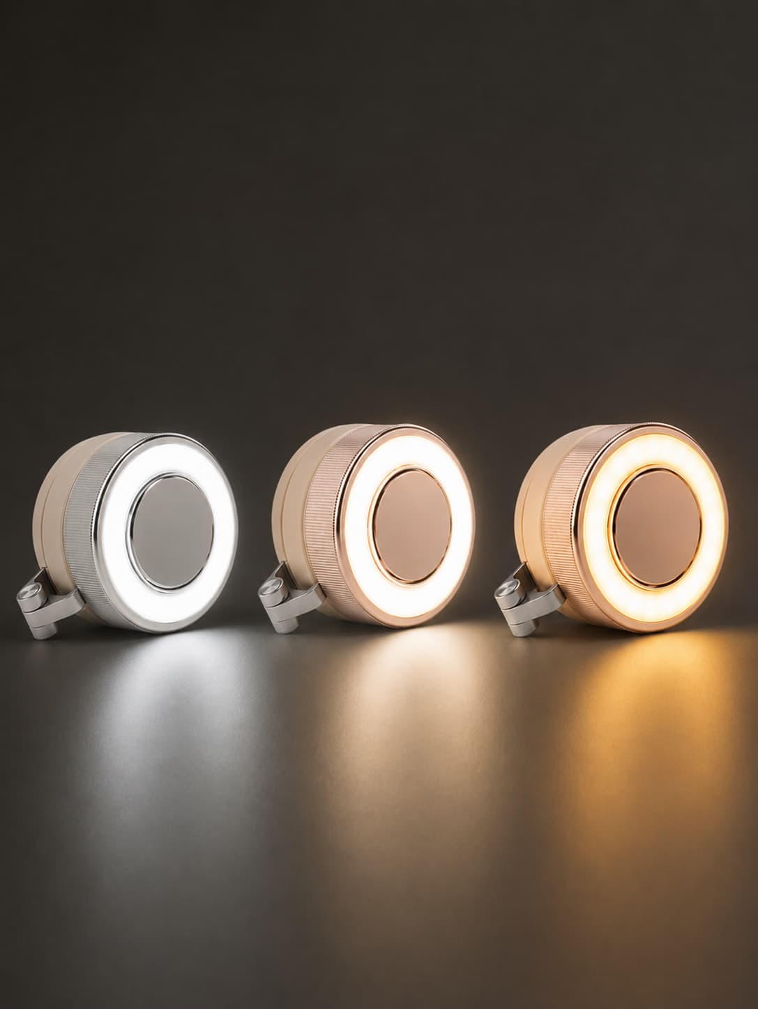 Showcase of the three adjustable color temperatures of the MagCool fan LED ring light, from cool white to warm yellow.