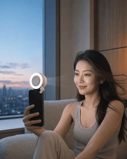 Close-up of the integrated LED selfie ring light glowing with warm tone adjustment for perfect video call and streaming lighting.