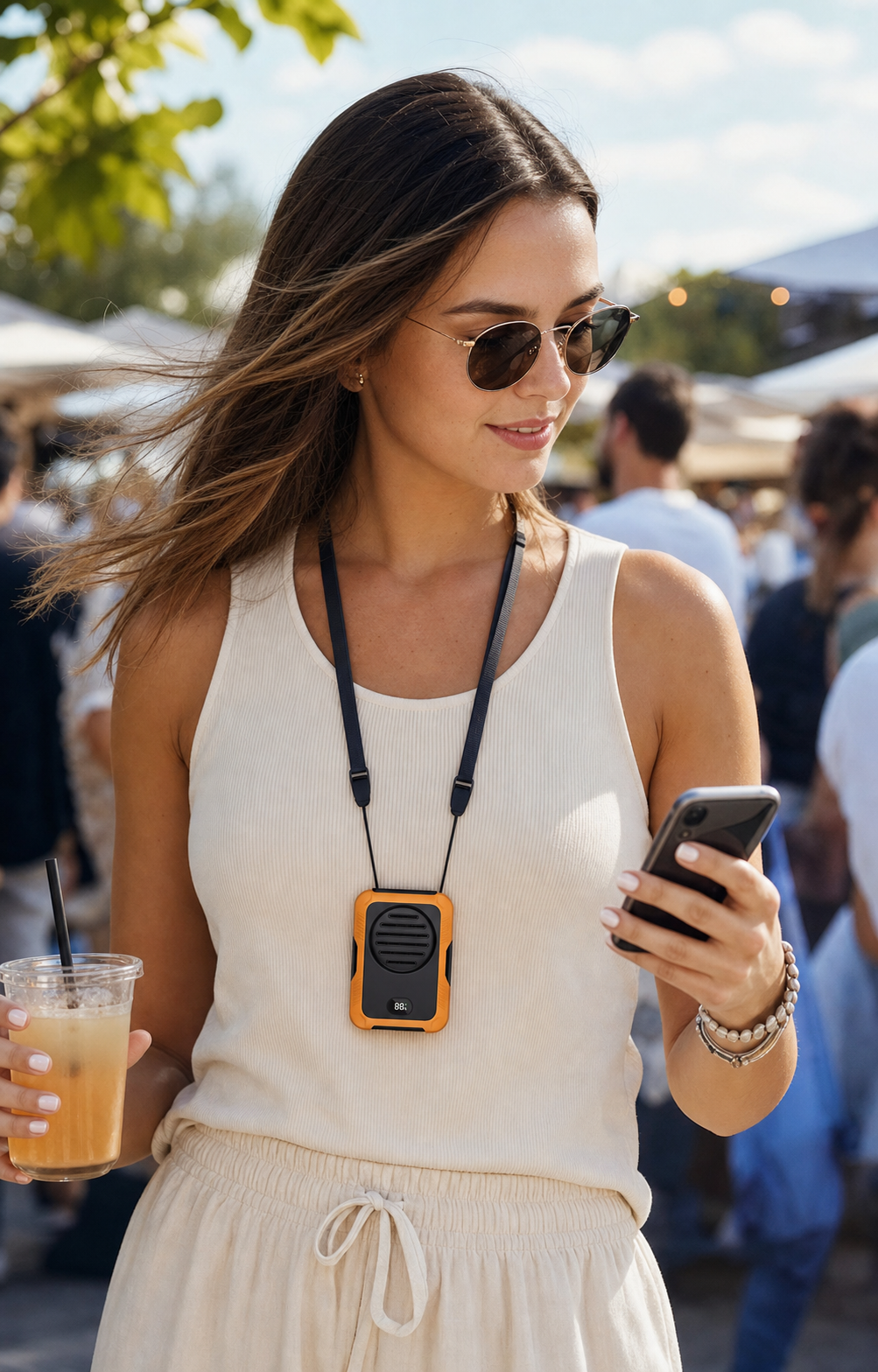 Orange portable personal cooling fan worn at a crowded outdoor summer event