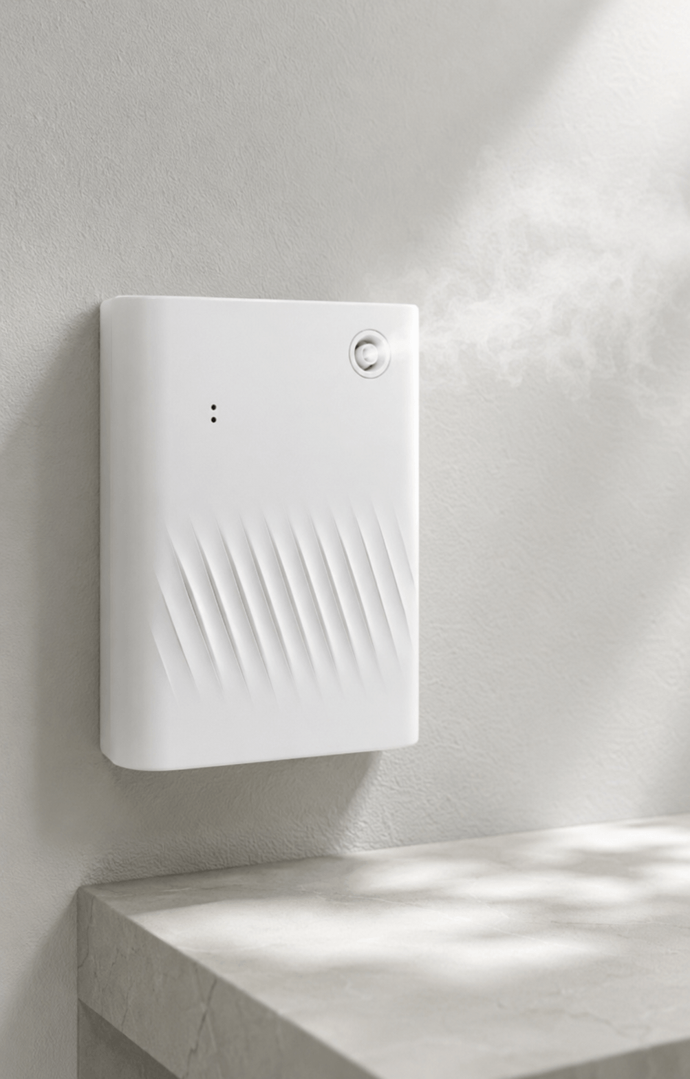 A white SL-01 commercial aromatherapy diffuser mounted neatly on a modern bedroom wall, illustrating its sleek, space-saving design and creating a tranquil, hotel-like ambience.