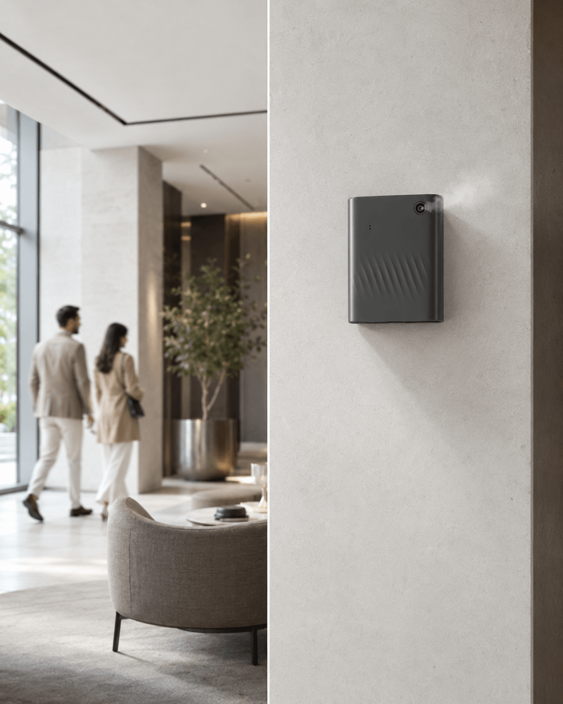 Wall-mounted dark grey SL-01 commercial scent diffuser operating in a modern luxury hotel hallway, seamlessly enhancing guest experience with fine fragrance mist.