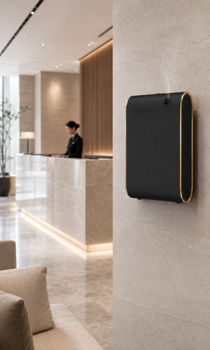 Black SL-05 commercial scent diffuser wall mounted in a hotel reception lobby