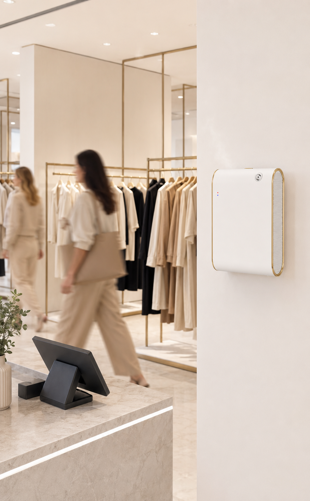 Waterless cold-air scent diffuser placed on a retail store display table