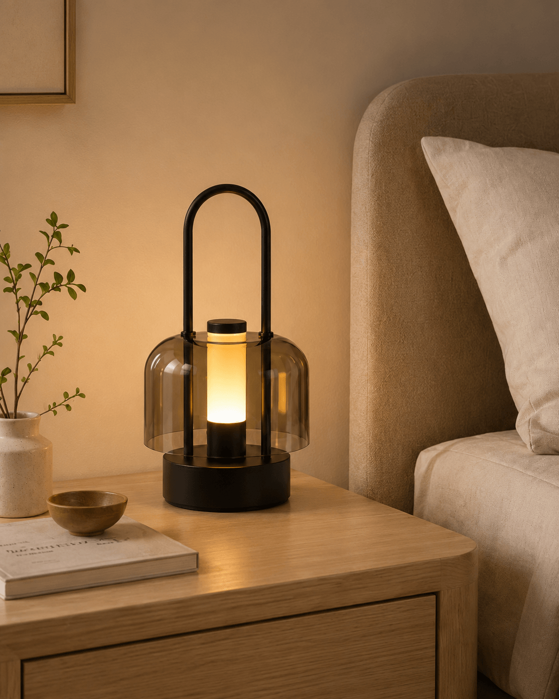 Rechargeable cordless night light casting warm ambient glow next to bed in a modern home