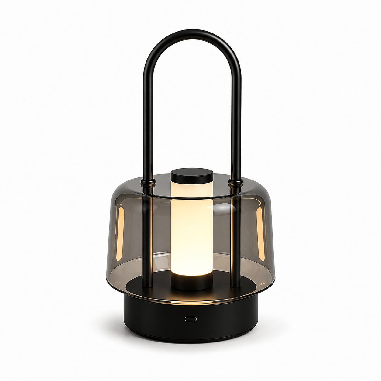 Black portable cordless LED table lamp with metal handle and smoked acrylic shade on white background