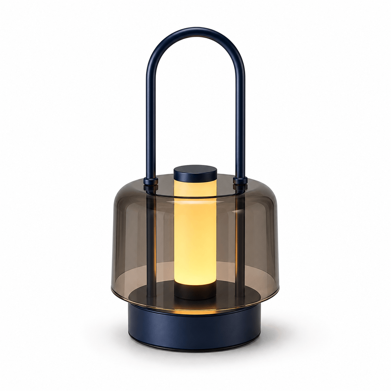 Blue rechargeable touch-control ambient lamp featuring metal body and top carry handle