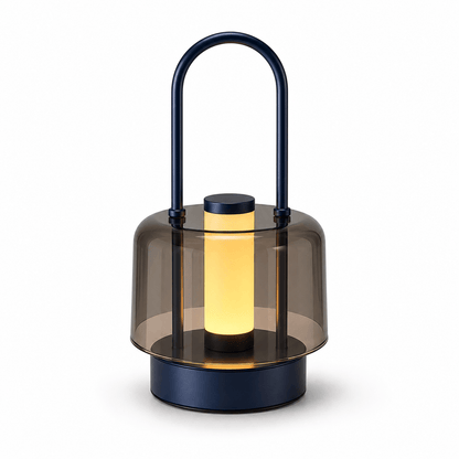 Blue rechargeable touch-control ambient lamp featuring metal body and top carry handle
