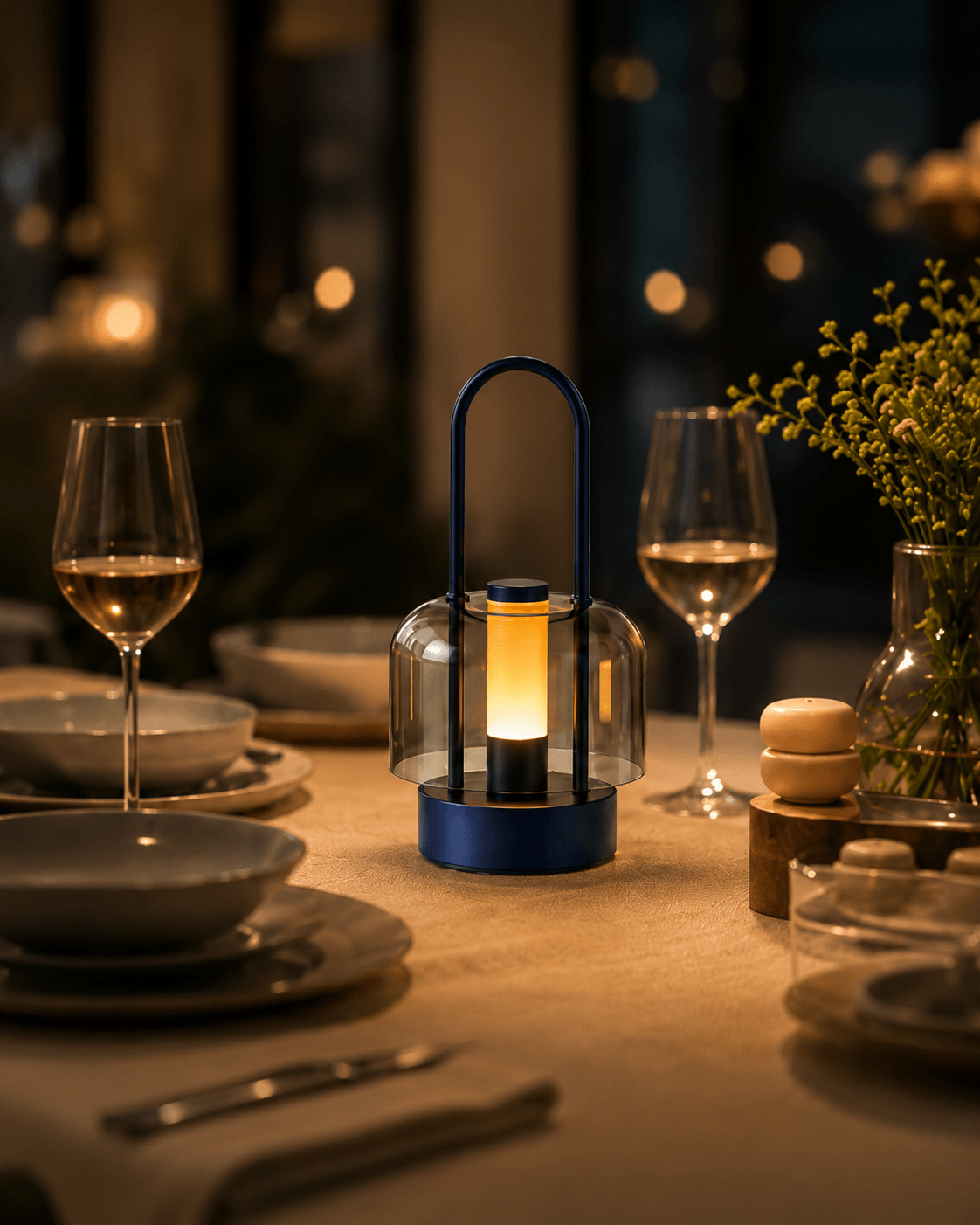 Cordless ambient table lamp casting warm light for dinner tabletop setting and evening gatherings