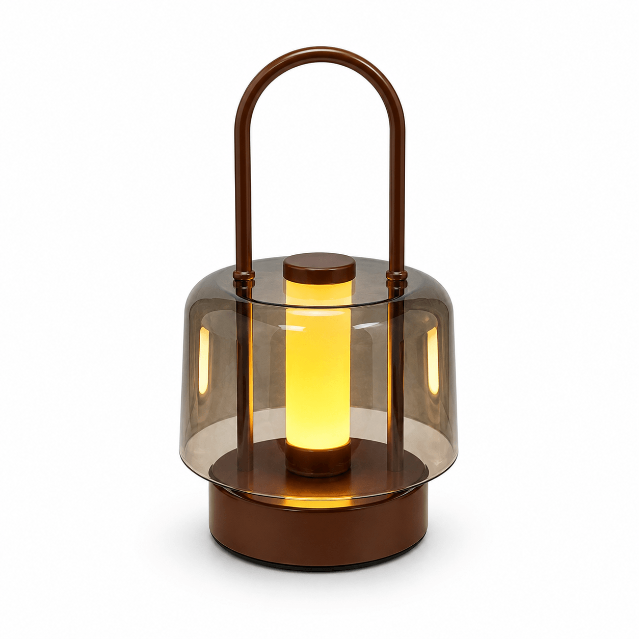 Brown portable cordless LED table lamp with metal handle and smoked acrylic shade on white background