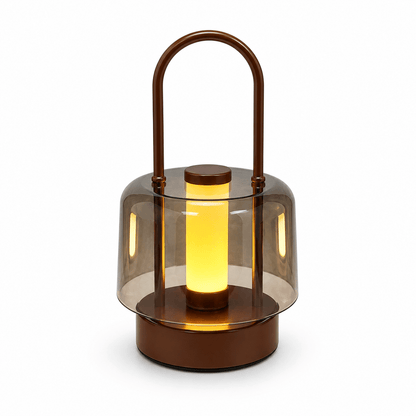 Brown portable cordless LED table lamp with metal handle and smoked acrylic shade on white background