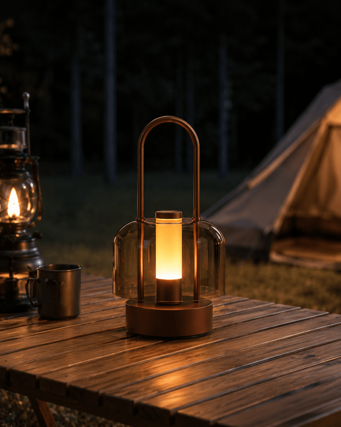Cordless ambient lantern lamp casting cozy light on outdoor campsite table during night camping