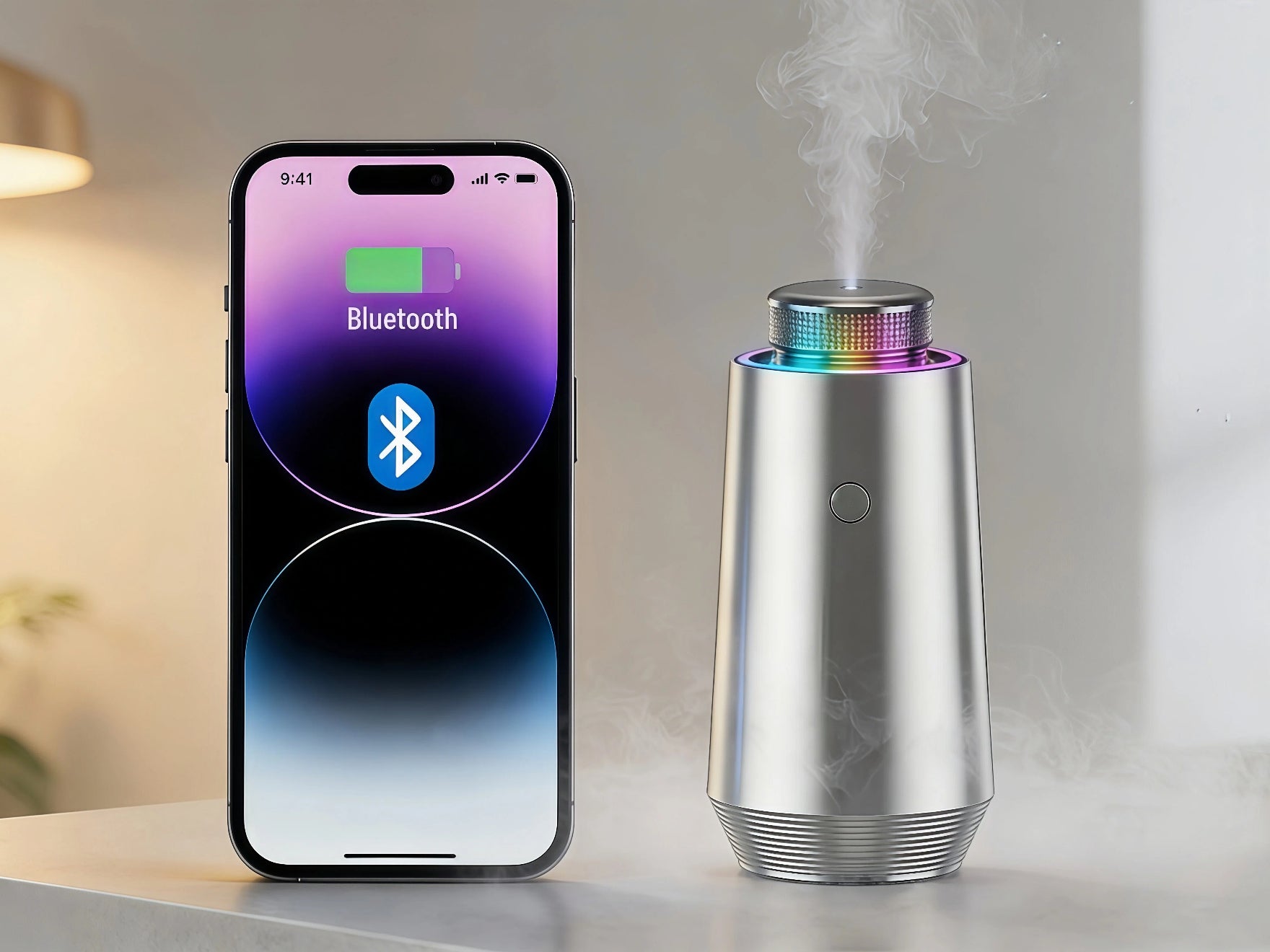 Silver StellTails GS-01 smart car diffuser dispensing visible cold-air mist next to an iPhone displaying Bluetooth app control for custom fragrance settings.