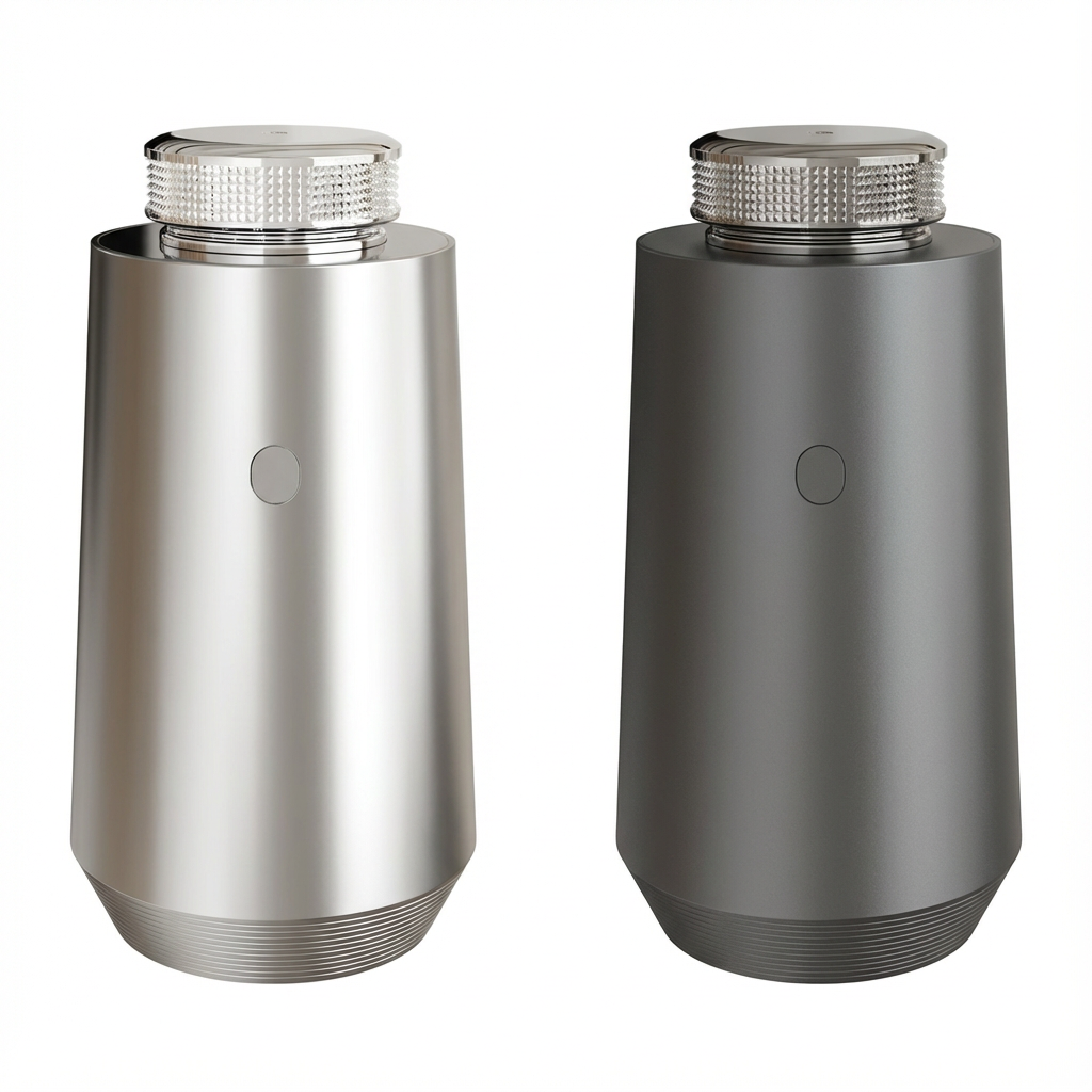 Side-by-side product view of the StellTails GS-01 smart car diffuser showing both Silver and Space Gray anodized aluminum color options.