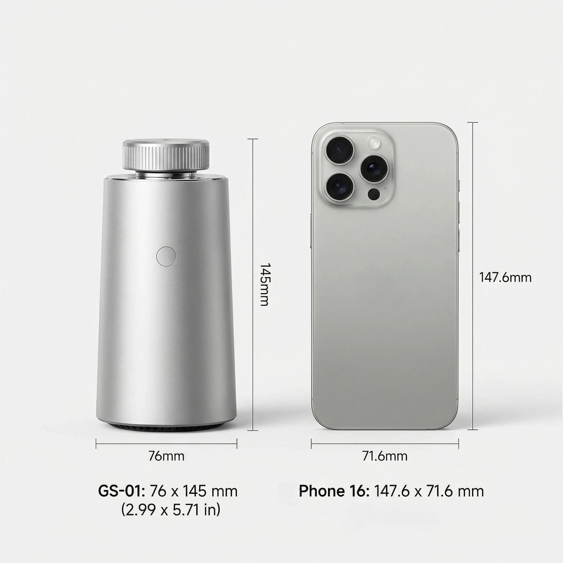 Dimension comparison diagram showing the silver StellTails GS-01 smart car diffuser (76x145mm) next to a smartphone to demonstrate compact cup holder compatibility.