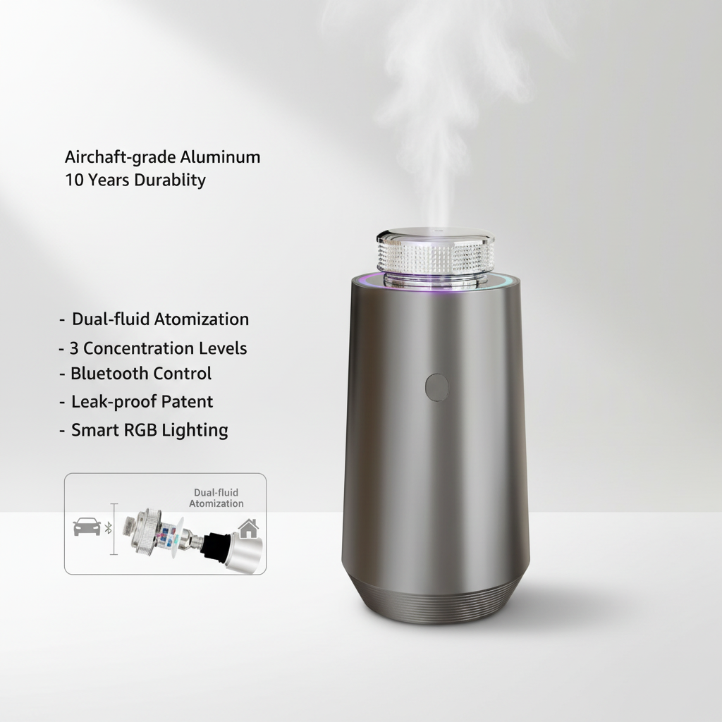 A feature overview diagram of Space Gray StellTails GS-01 car diffuser with aircraft-grade aluminum, highlighting dual-fluid atomization, 3 concentration levels, Bluetooth control, leak-proof patent, and smart RGB lighting
