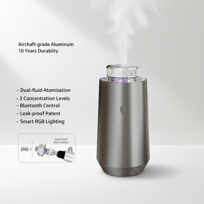 A feature overview diagram of Space Gray StellTails GS-01 car diffuser with aircraft-grade aluminum, highlighting dual-fluid atomization, 3 concentration levels, Bluetooth control, leak-proof patent, and smart RGB lighting