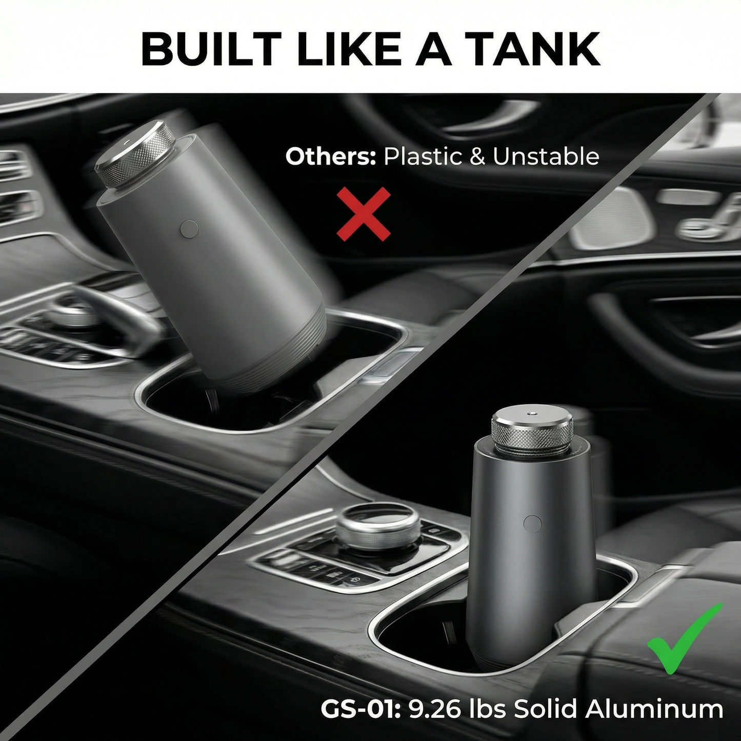 A comparison chart of the StellTails GS-01 car diffuser, featuring its premium solid aluminum construction weighing 9.26 lbs, labeled "Built Like a Tank" with a green checkmark, contrasted against typical plastic and unstable alternatives marked with a red X.