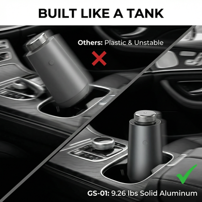 A comparison chart of the StellTails GS-01 car diffuser, featuring its premium solid aluminum construction weighing 9.26 lbs, labeled "Built Like a Tank" with a green checkmark, contrasted against typical plastic and unstable alternatives marked with a red X.