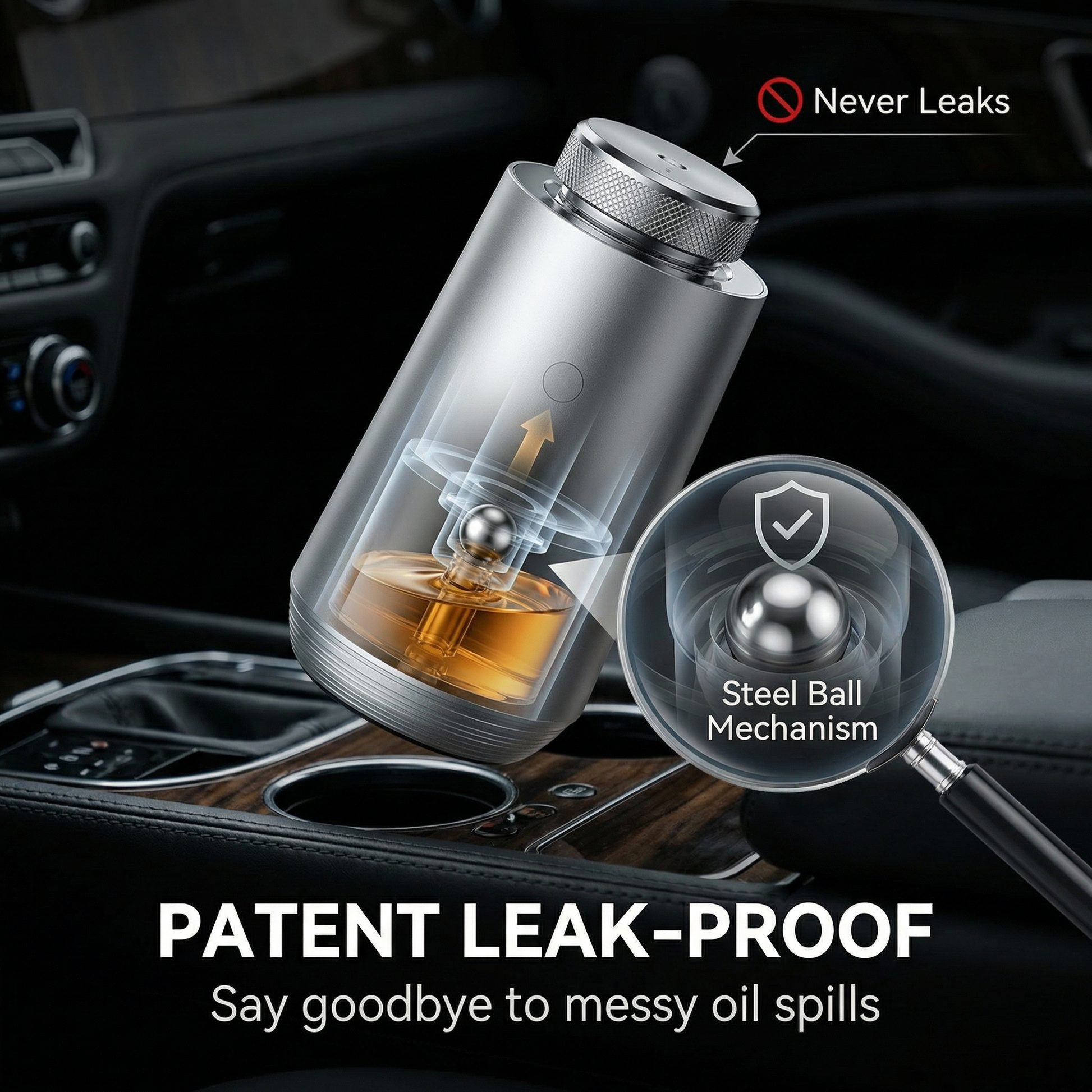 Technical exploded view diagram of StellTails GS-01 car diffuser, detailing the cold-air waterless atomization nozzle, aviation aluminum alloy shell, and the patent steel ball leak-resistant mechanism inside the 15ml essential oil bottle.