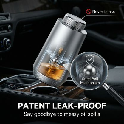 Technical exploded view diagram of StellTails GS-01 car diffuser, detailing the cold-air waterless atomization nozzle, aviation aluminum alloy shell, and the patent steel ball leak-resistant mechanism inside the 15ml essential oil bottle.
