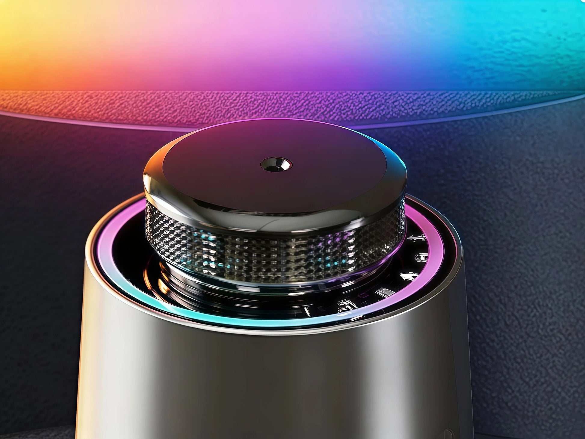Top view detail of Space Gray StellTails GS-01 car diffuser, showcasing the precision cold-air nozzle surrounded by an ambient RGB light ring and textured aluminum ring.