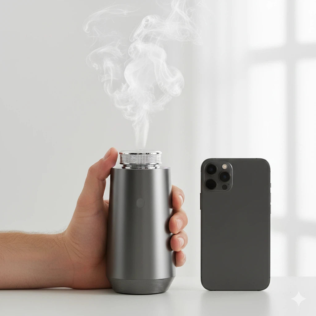 A close-up of a hand holding the greyStellTails GS-01 smart car diffuser dispensing visible cold-air aromatherapy mist, placed next to a smartphone to showcase compact portable design.