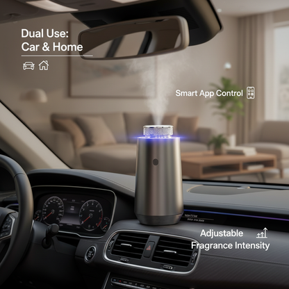 A dual-scene diagram for StellTails GS-01 smart diffuser, showing use in a luxury car driver's seat (left) and a cozy home living room (right). Features detailed smart app control via Bluetooth for modes, timing, and adjustable fragrance intensity with touch and mobile app interface.