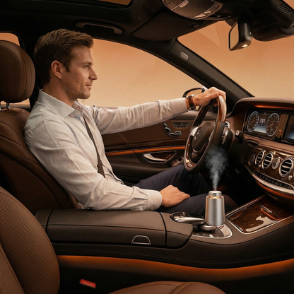 A luxury car driver in a suit operates a silver StellTails GS-01 smart diffuser using auto start-stop, which is placed in a vehicle cup holder.