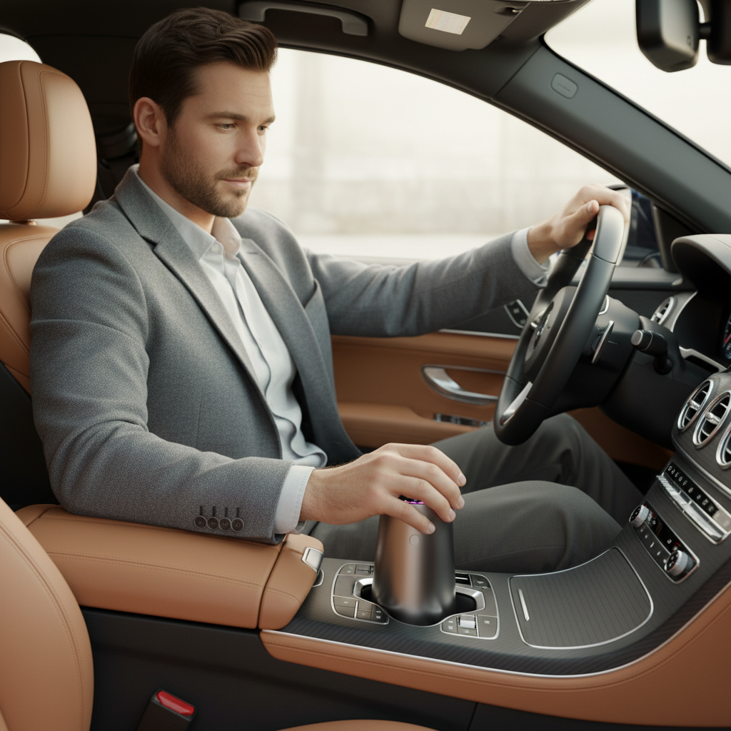 A well-dressed man in a suit in a luxury car driver's seat, hand operating a Space Gray StellTails GS-01 smart diffuser using auto start-stop, placed in a car cup holder