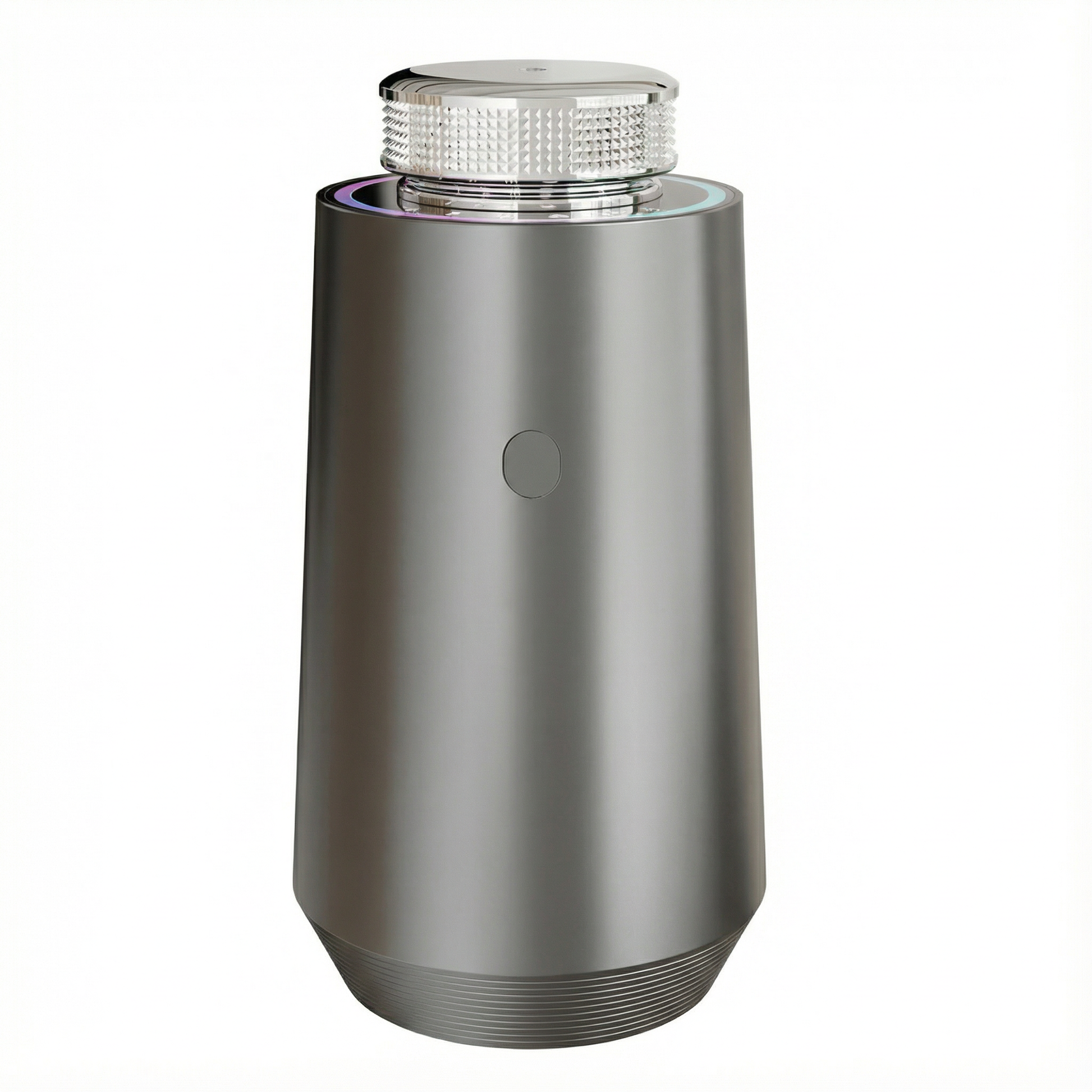 Space Gray StellTails GS-01 smart aluminum car diffuser using waterless cold-air atomization and auto start-stop, placed on dark mesh texture